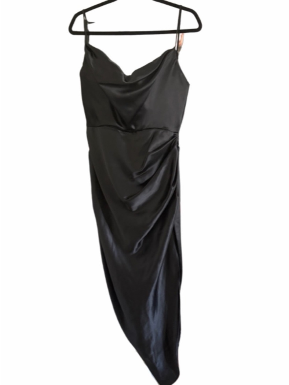 House of CB | M | Black Satin Cowl Neck Midi Dress | Slit Draped Evening Dress